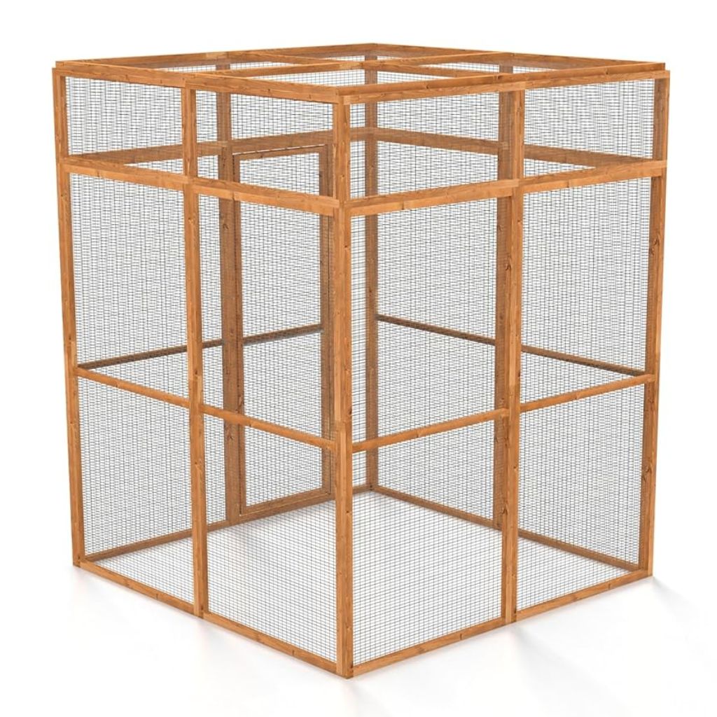 Wooden cat catio with wire mesh on a white background