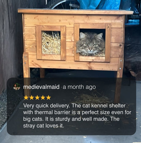 Wooden cat kennel shelter with a cat inside, shown with a five-star rating text overlay.