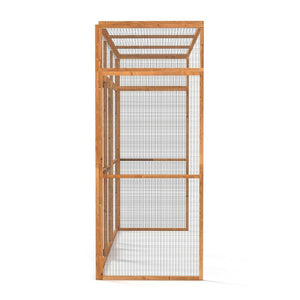 Wooden catio for cats with wire mesh on a white background