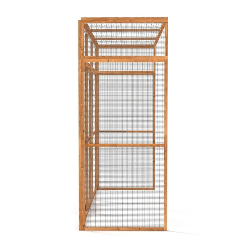 Wooden catio for cats with wire mesh on a white background