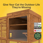 Wooden cat shelter with promotional text and logos on a yellow background