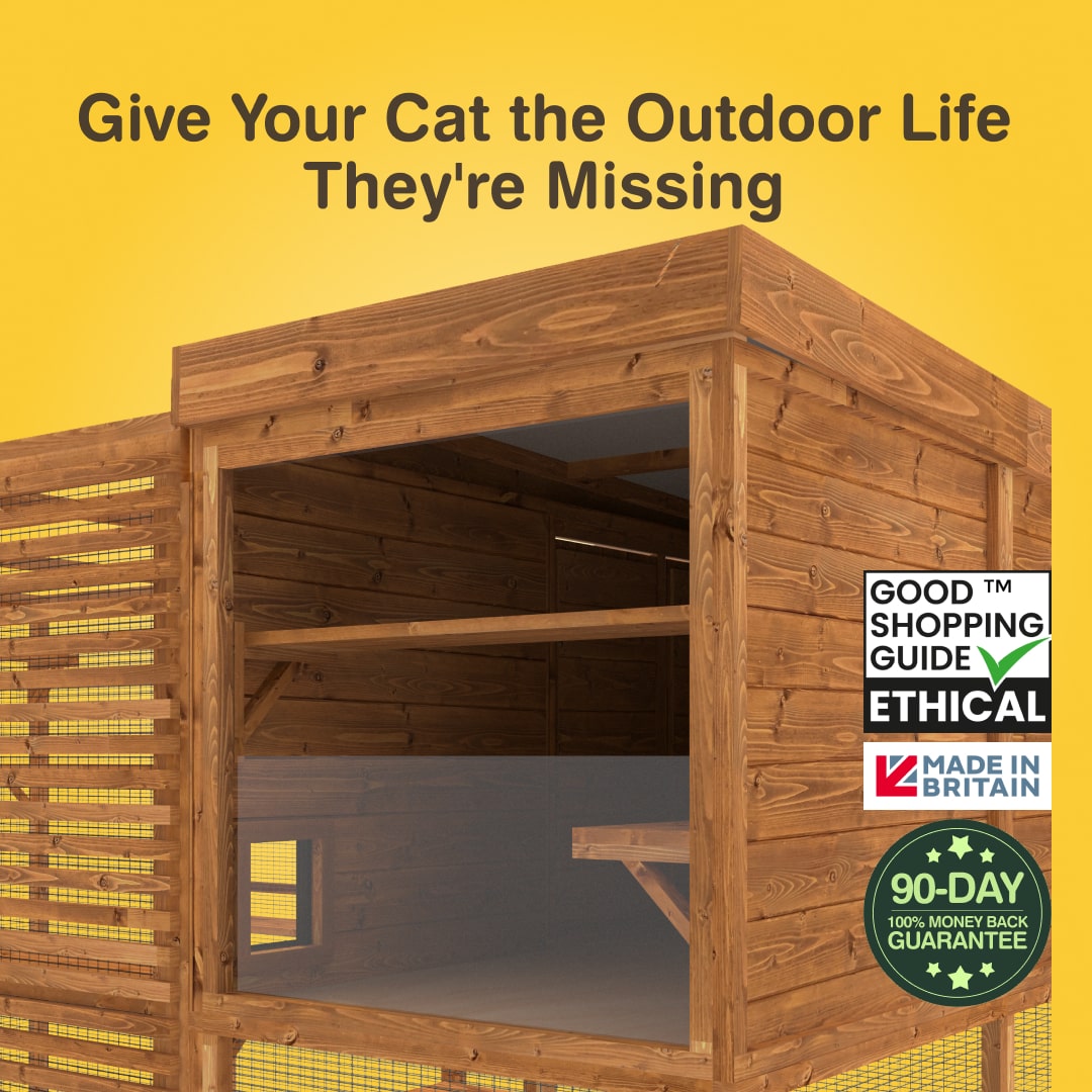 Wooden cat shelter with promotional text and logos on a yellow background