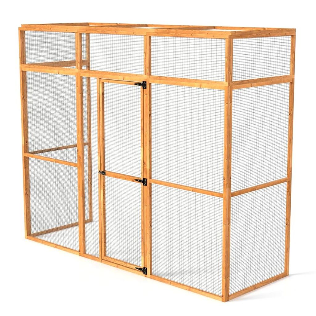 Wooden catio for sale with wire mesh on a white background