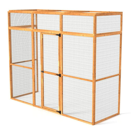 Wooden catio for sale with wire mesh on a white background
