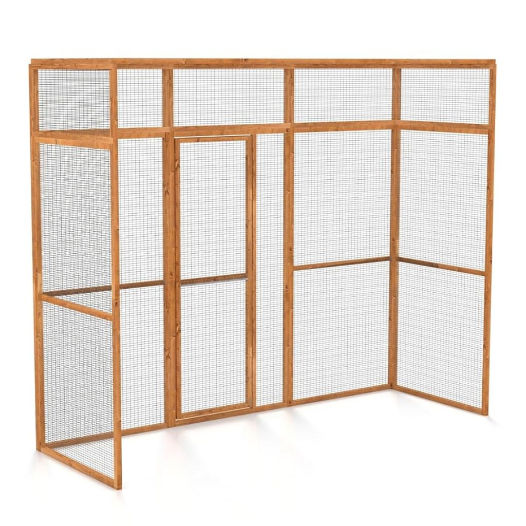 Wooden catio outdoor cat enclosure divider with wire mesh panels on a white background