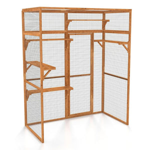 Wooden catio cage with wire mesh on a white background