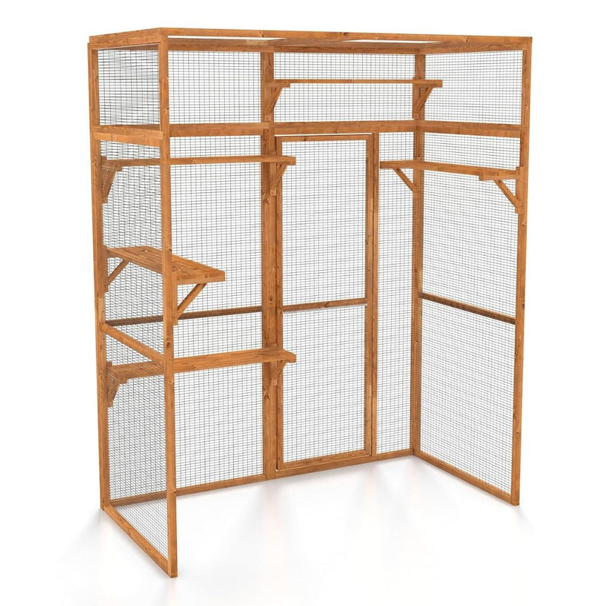 Wooden catio cage with wire mesh on a white background
