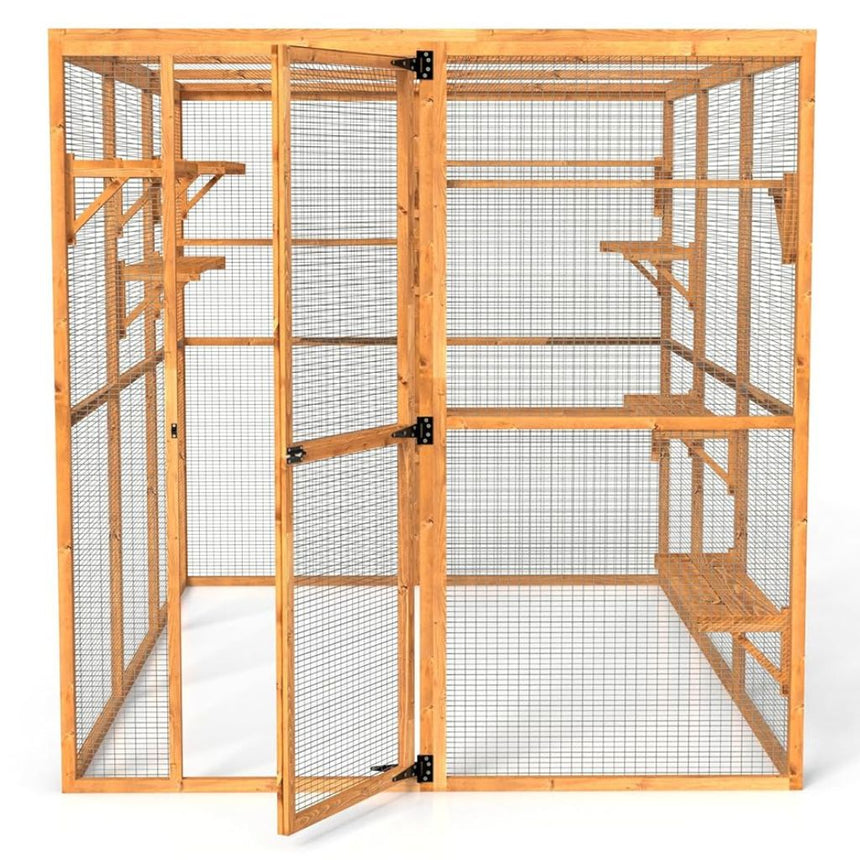 Wooden bird cage with wire mesh on a white background