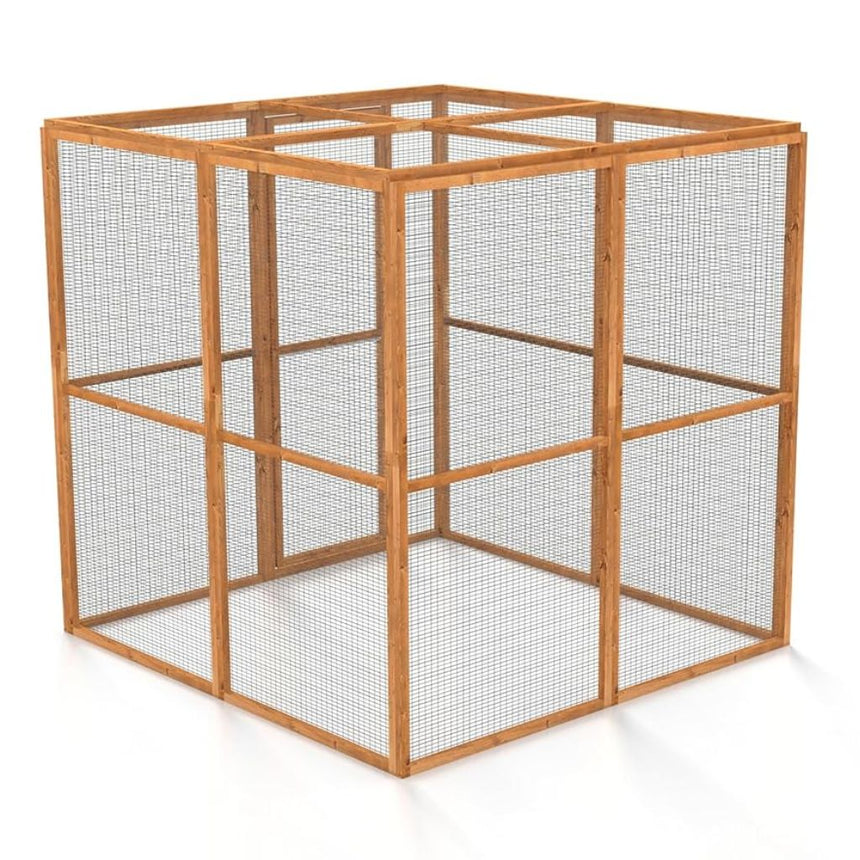 Wooden catio with wire mesh on a white background