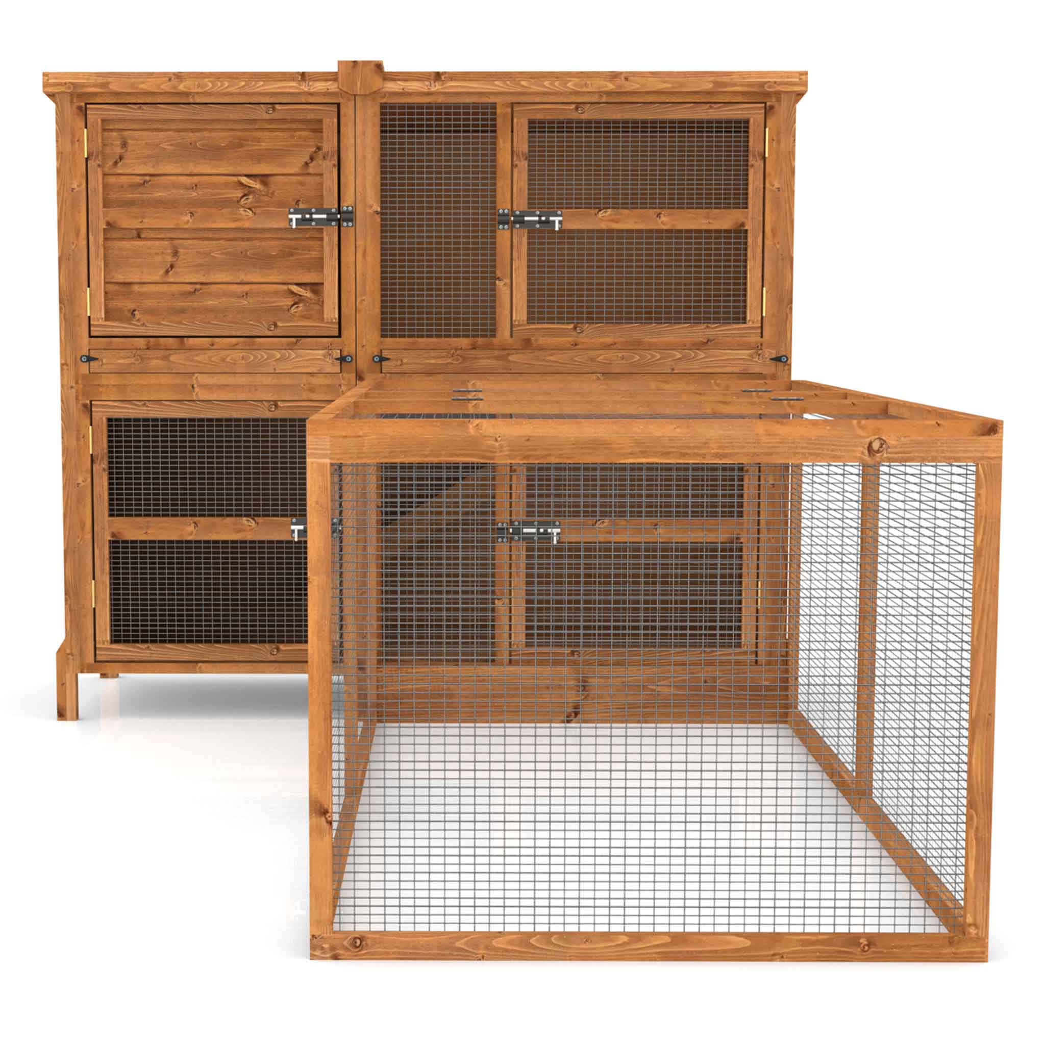 Wooden rabbit run with wire bottom on a white background