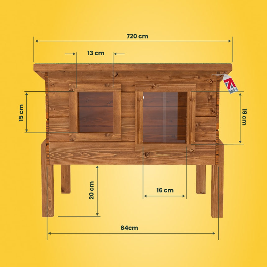 Wooden rabbit hutch with dimensions on a yellow background