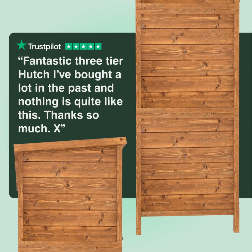 Wooden three-tier hutch with a positive review on a green background