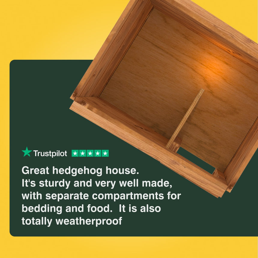 Wooden hedgehog house with Trustpilot rating on a yellow and green background