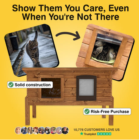 Wooden pet enclosure with a cat looking inside, on a yellow background with text and Trustpilot logo.