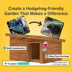 Wooden hedgehog house with text on creating a hedgehog-friendly garden, featuring solid construction and risk-free purchase guarantees.