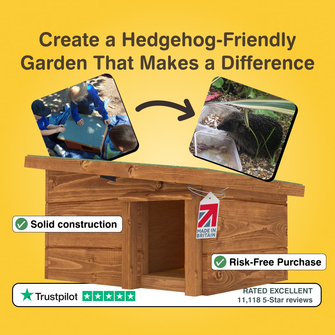 Wooden hedgehog house with text on creating a hedgehog-friendly garden, featuring solid construction and risk-free purchase guarantees.