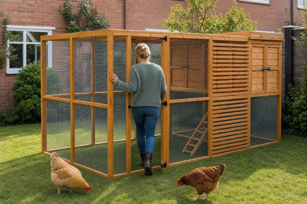 HENRIK 12ft x 6ft walk-in chicken coop and run on a British back lawn, an adult standing at the open run door showing its full walk-in height