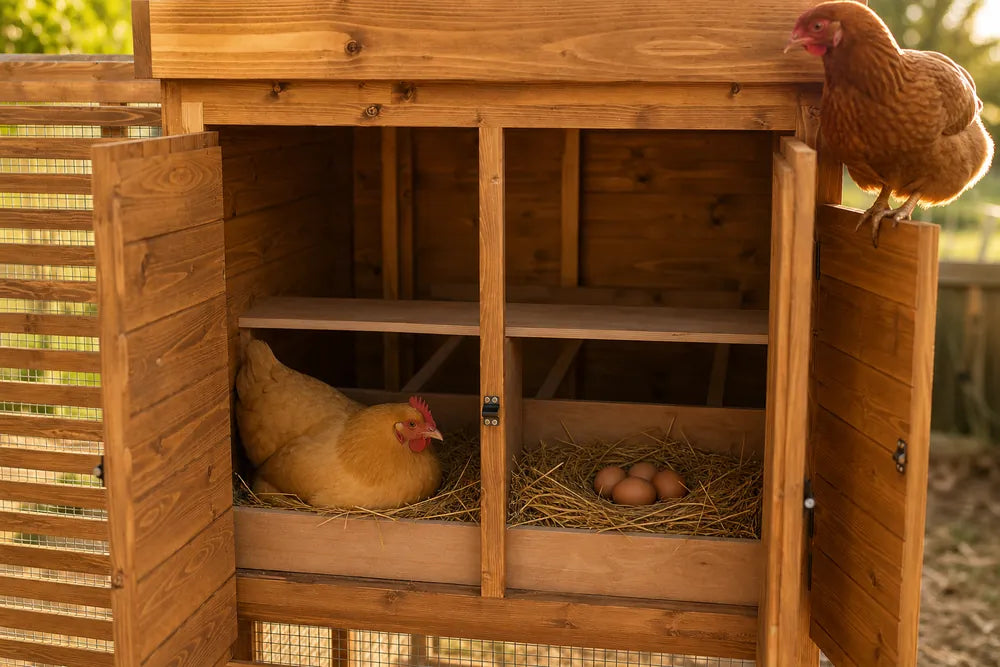 HENRIK walk-in chicken coop at golden hour, a buff hen nestled in the open timber nesting box beside a clutch of fresh brown eggs, a second hen perched on the open coop door — hens settled at home