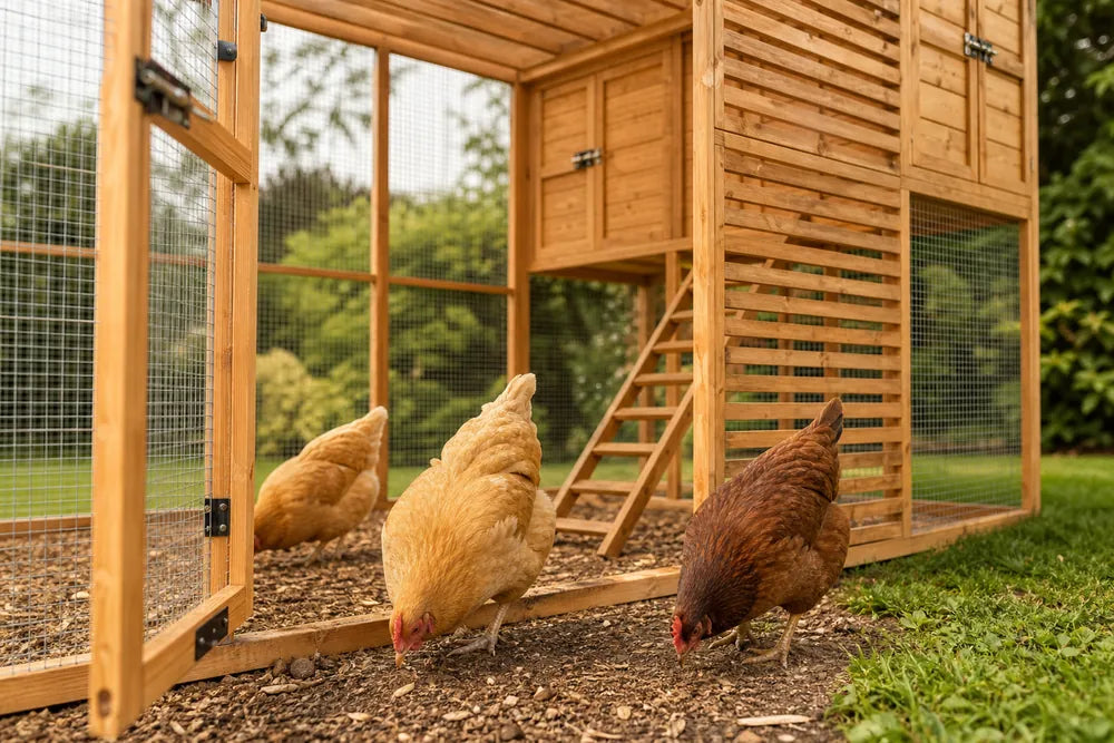 Three hens foraging inside the HENRIK walk-in chicken coop run on the run floor in a British back garden, with the elevated timber coop and battened ladder rising behind — a low-angle view of hens settled at home