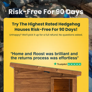 Advertisement for hedgehog houses with a yellow background and text overlay.
