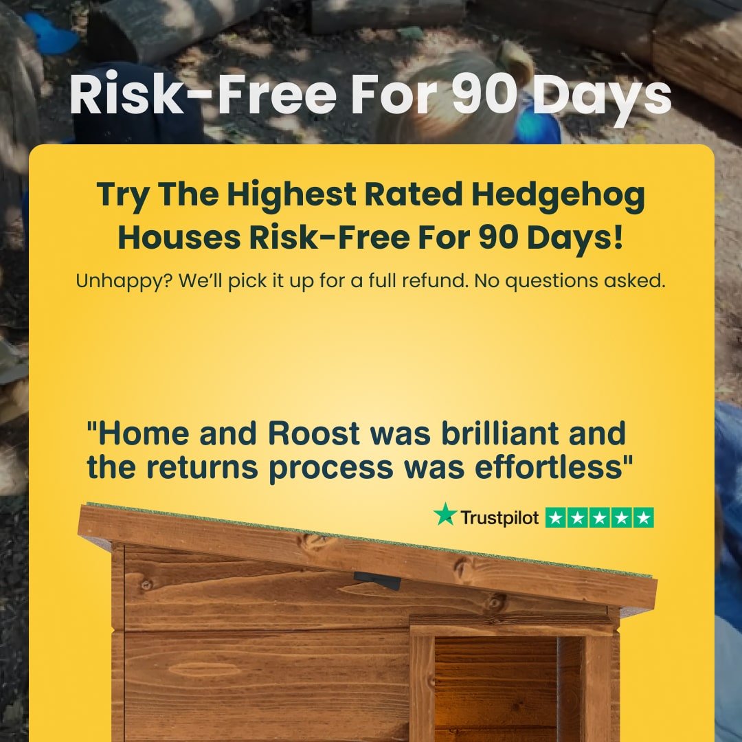 Advertisement for hedgehog houses with a yellow background and text overlay.