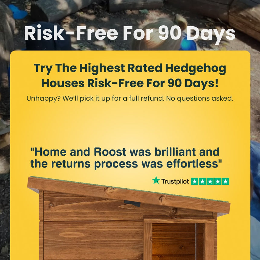 Advertisement for hedgehog houses with a yellow background and text overlay.