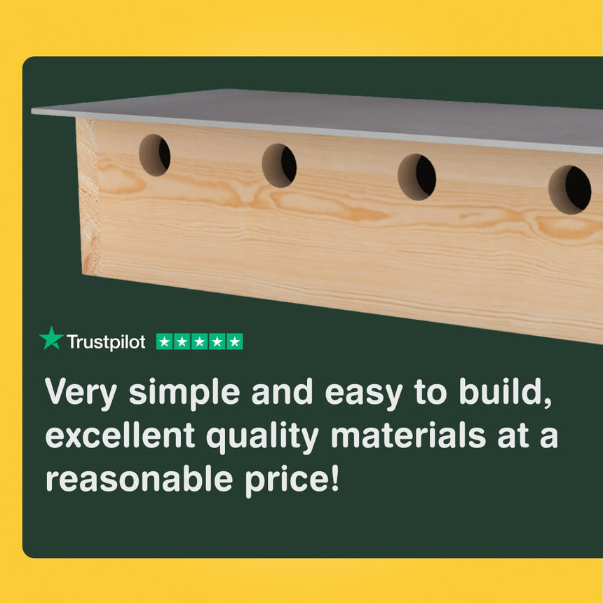 Wooden product with holes and a Trustpilot rating on a green and yellow background