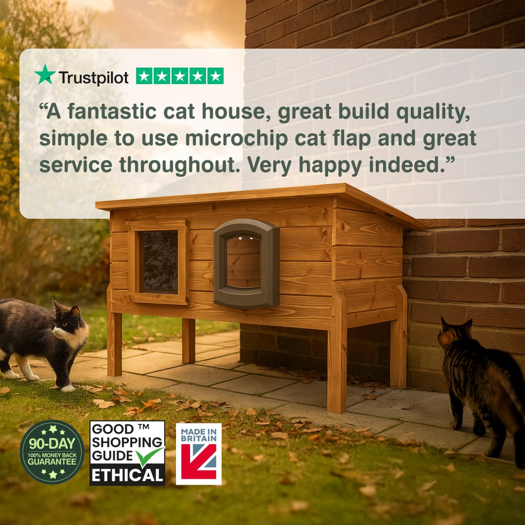 Wooden cat house with cats outside, Trustpilot review, and ethical certification logos.
