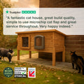 Wooden cat house with cats outside, Trustpilot review, and ethical certification logos.