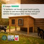 Wooden cat house with cats outside, Trustpilot review, and ethical certification logos.
