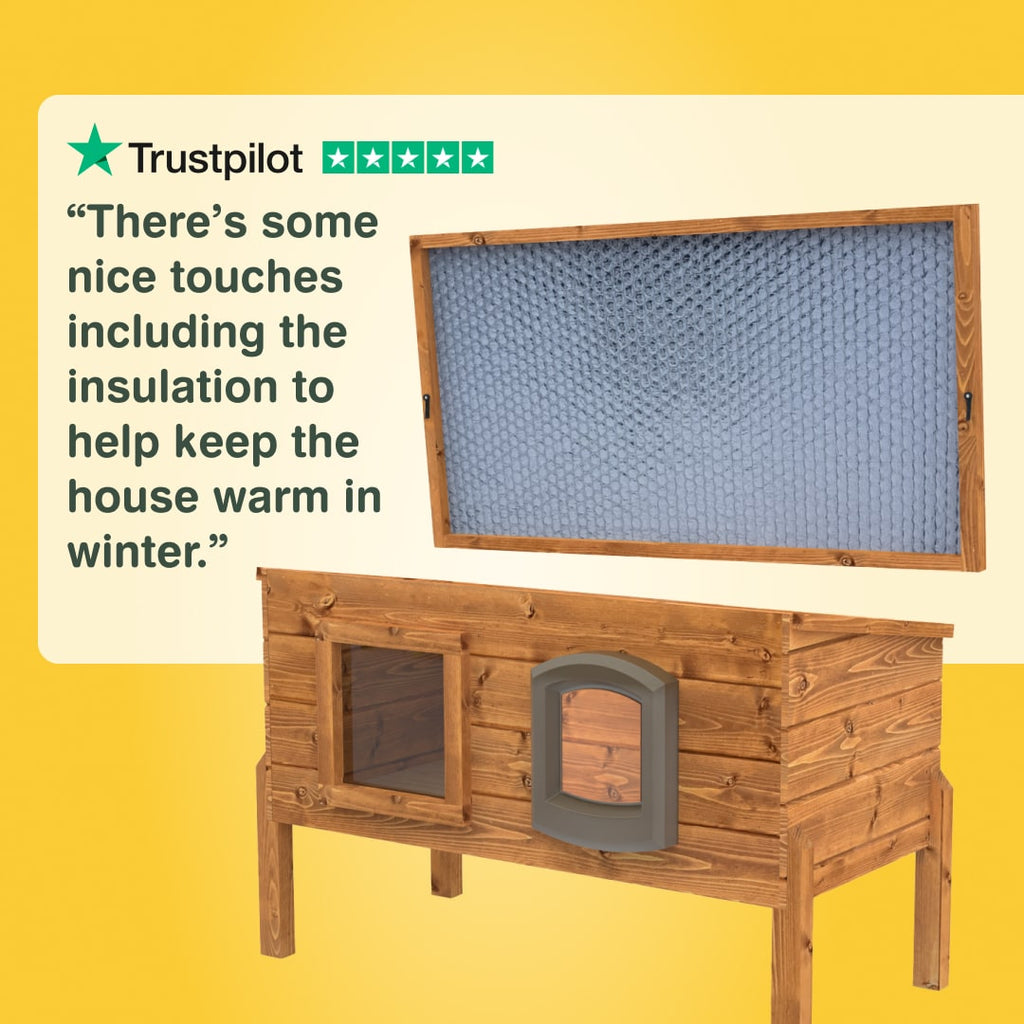 Wooden pet house with insulation on a yellow background, featuring Trustpilot rating. "There are some nice touches, including the insulation to help keep the house warm in winter."
