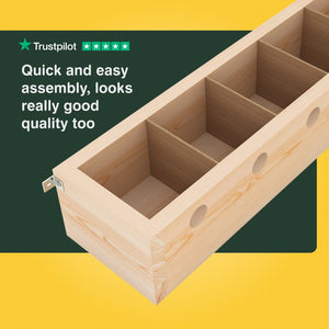 Wooden storage unit with compartments on a yellow and green background, featuring Trustpilot rating.