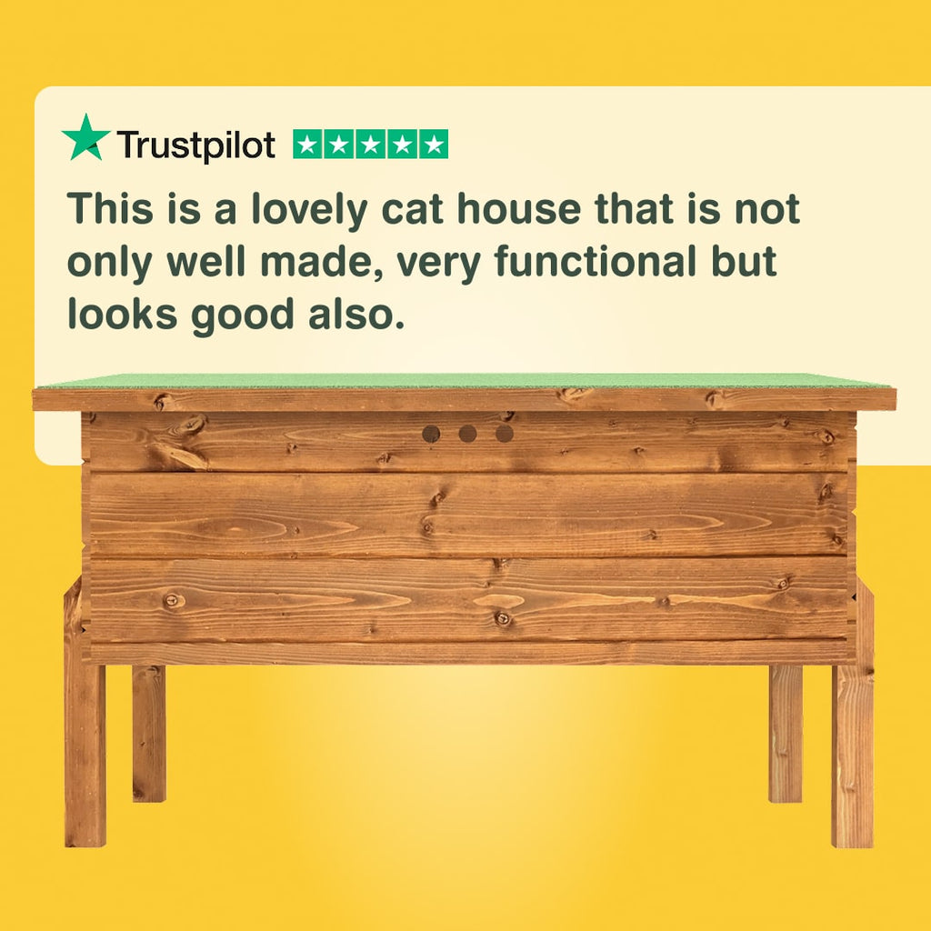 Wooden cat house with a Trustpilot review "This is a loverly cat house that is not only well made, very functional but looks good also"