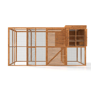 large walk in chicken coop with mesh sides on a white background