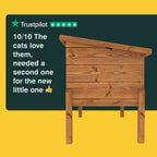 Wooden cat house with Trustpilot rating on a yellow and green background
