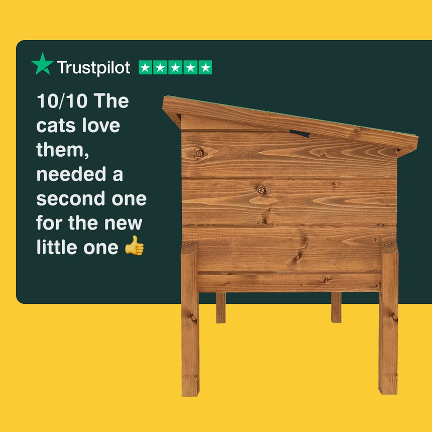 Wooden cat house with Trustpilot rating on a yellow and green background