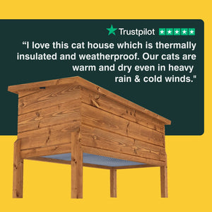 Wooden cat house with a Trustpilot review on a yellow background