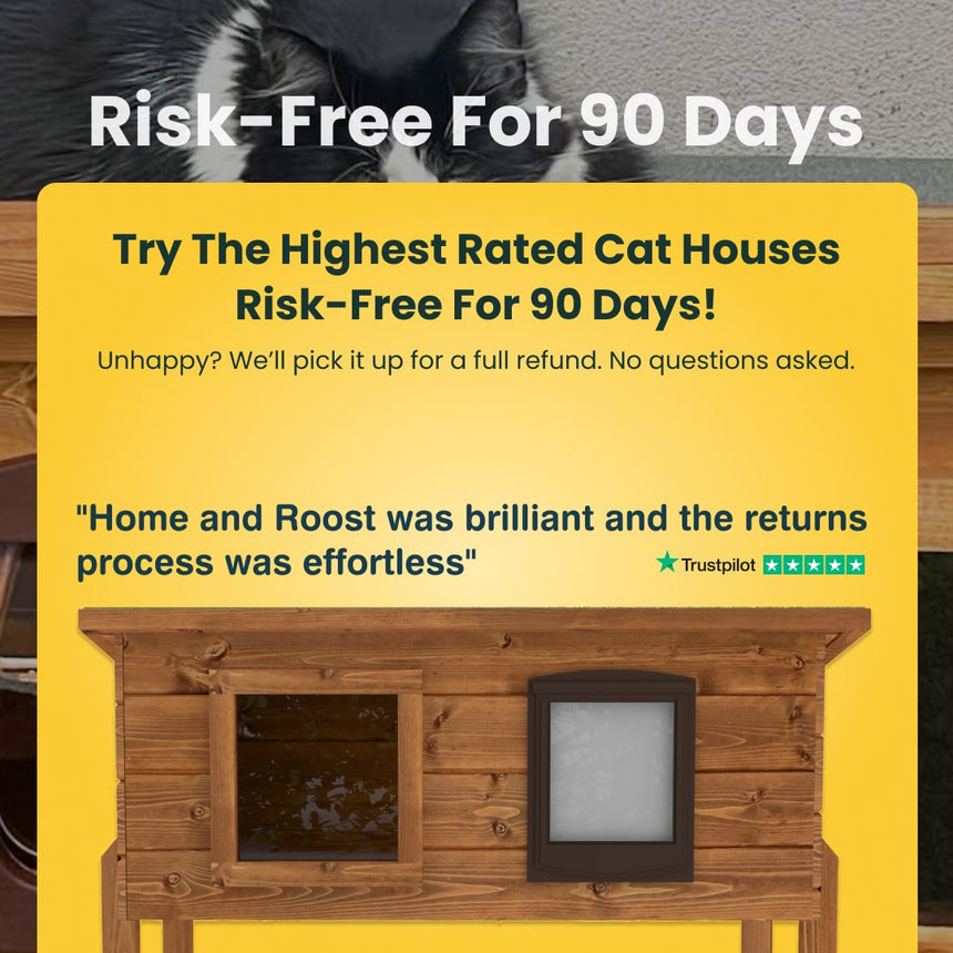 Advertisement for a cat house with text about a risk-free trial offer.