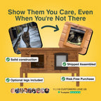 Wooden pet enclosure with a cat on a yellow background, featuring text and icons.
