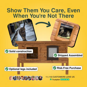 Wooden pet enclosure with a cat on a yellow background, featuring text and icons.