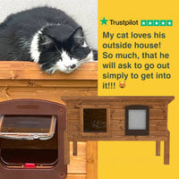 Cat lying on a wooden cat house with Trustpilot review text.