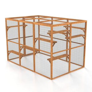 Wooden catio cage with wire mesh on a white background