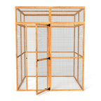 Wooden outdoor catio with wire mesh on a white background