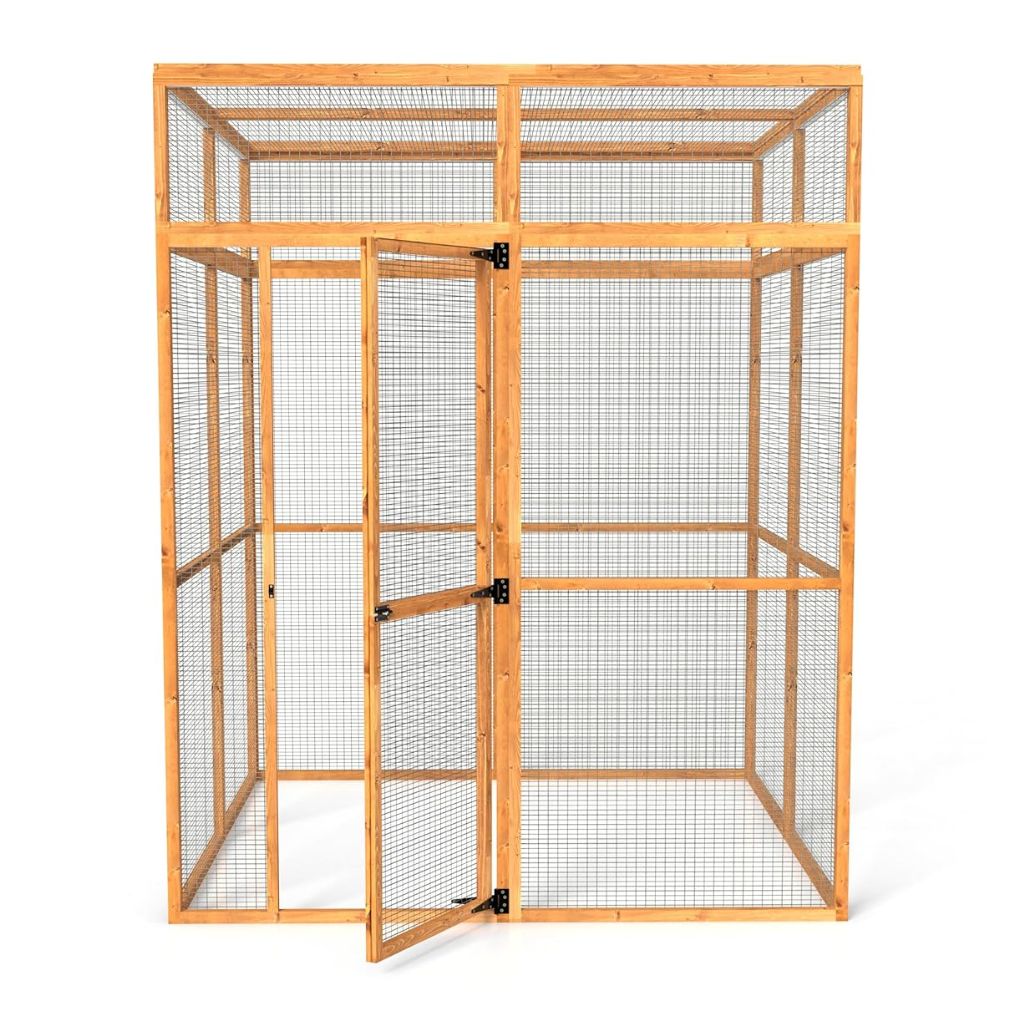 Wooden outdoor catio with wire mesh on a white background