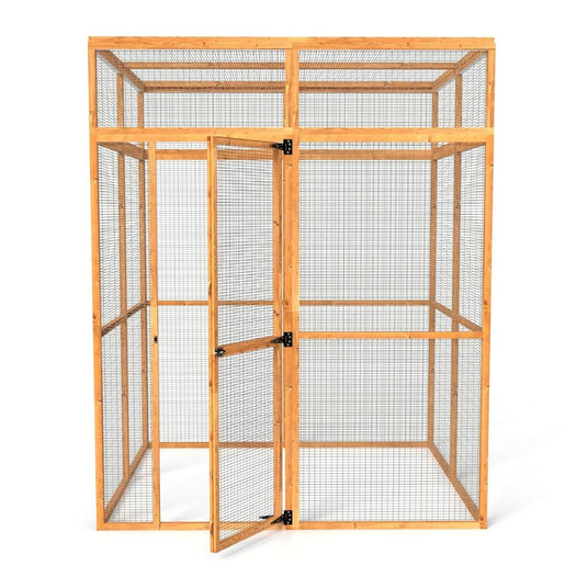 Wooden outdoor catio with wire mesh on a white background