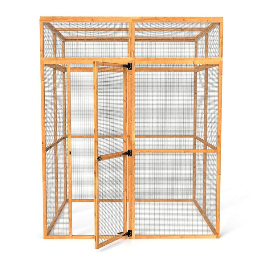 Wooden outdoor catio with wire mesh on a white background