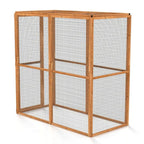 Wooden outdoor catio with wire mesh on a white background