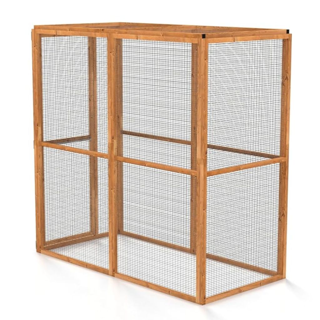 Wooden outdoor catio with wire mesh on a white background