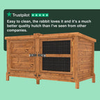 Wooden rabbit hutch with a green background and Trustpilot 5 star reviews
