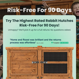 Wooden rabbit hutch with promotional text about a risk-free offer for 90 days.